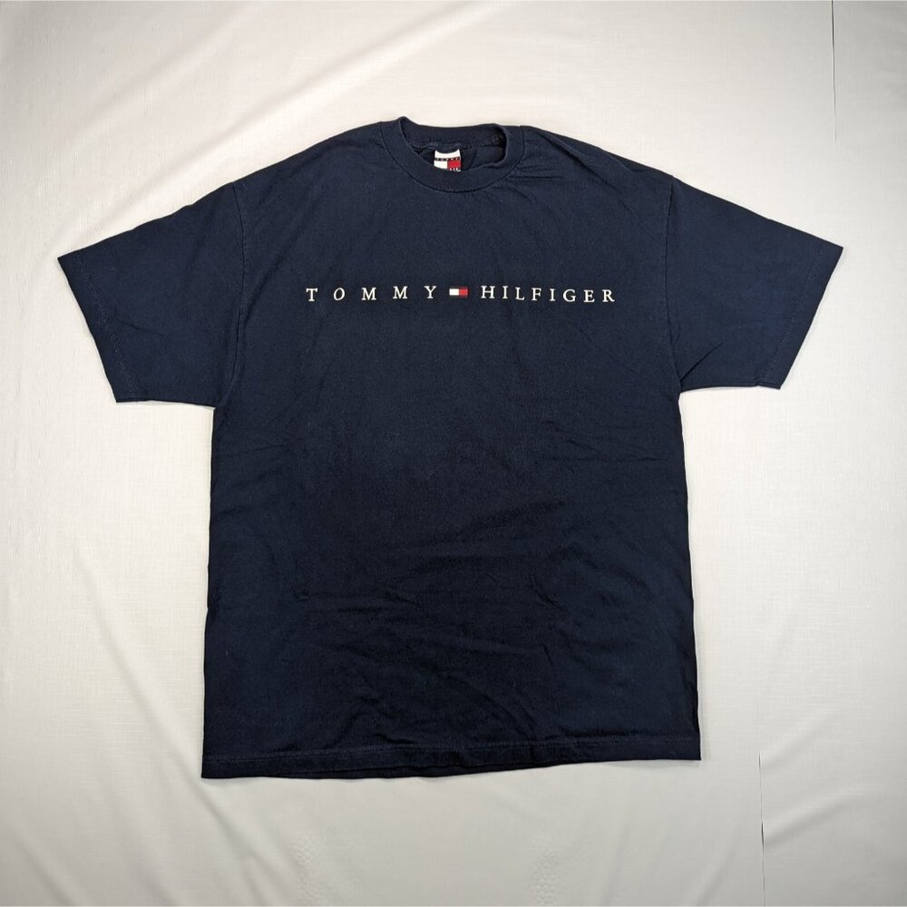 VTG 90s Tommy Hilfiger T-Shirt Mens XL Flag Logo Spellout Graphic Black